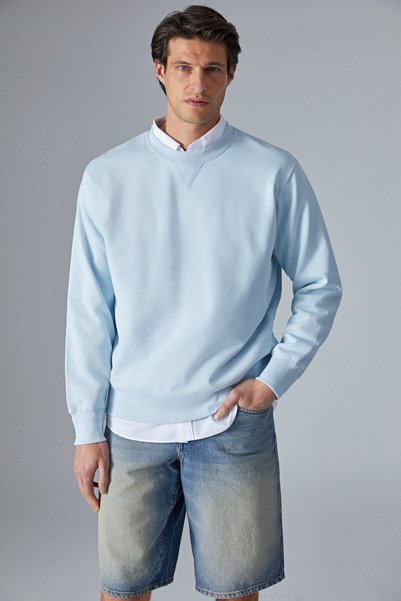 Bonell Men's 100% Cotton Relaxed Crew Neck Long Sleeve Light Blue Sweatshirt