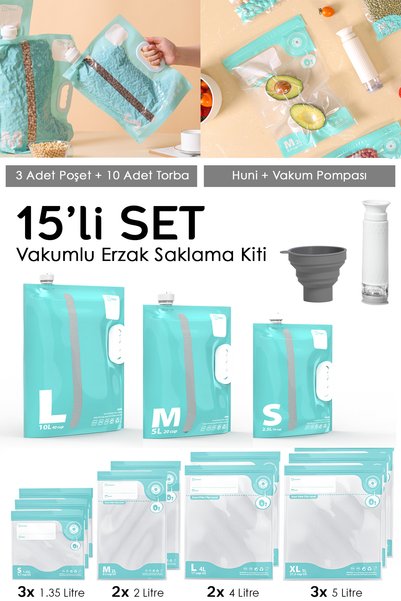 15 Piece Vacuum Storage Bag Set - Airtight Food Storage Bag with Vacuum Pump