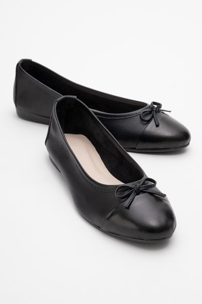 Jens Black-Black Skin Genuine Leather Bow Women's Ballerina Shoes