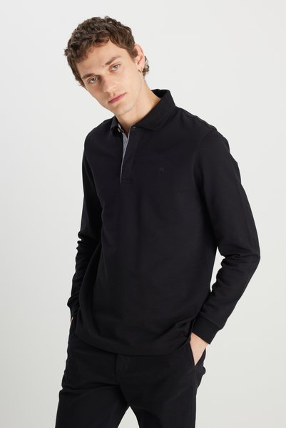 Regular Fit Regular Cut Long Sleeve Cotton Black Polo Neck T-Shirt