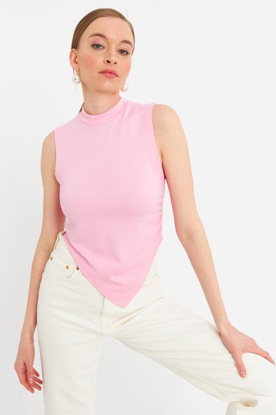 Women's Pink Sleeveless Crop Blouse Zh07