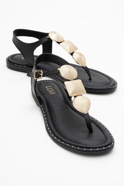 Helen Black Genuine Leather Flip Flops Gold Buckle Women's Sandals