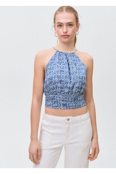 Halter Collar Printed Crop Blouse