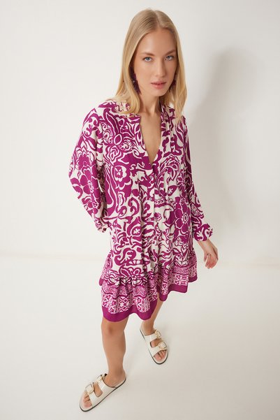 Women's Plum Cream Patterned Flowy Shirt Dress Wf00097