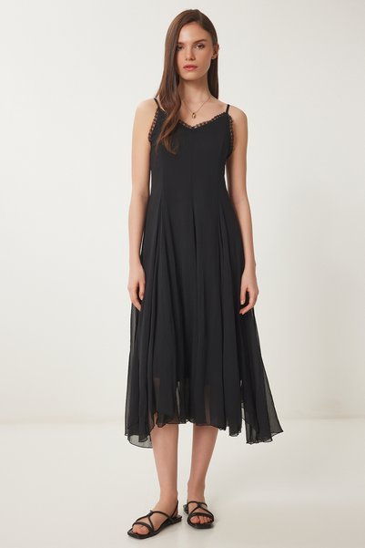 Guipure Detailed Asymmetrical Chiffon Dress Black Lns0031