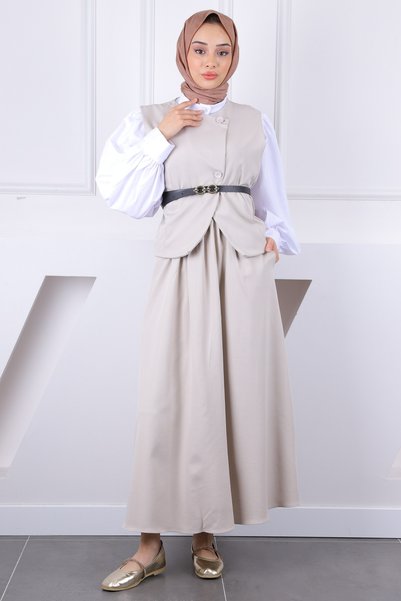 Beige Belted Vest Skirt Suit