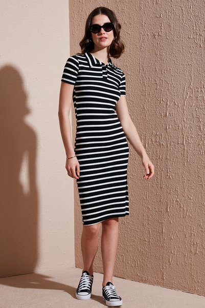 Stretch Slim Fit Buttoned Polo Neck Short Sleeve Mini Length Striped Dress Dress 5866167