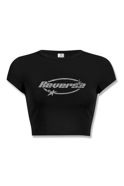 Women's Reverse Stone Printed Crop Black