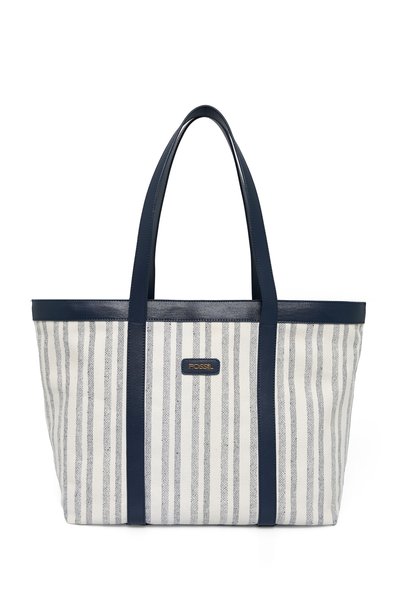 Navy Blue Women's Stripe Patterned Canvas Hand and Shoulder Bag 05Fo25Y5051