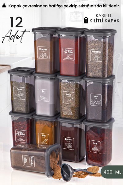 12-Piece Spice Jar Set with Azure Label and Self-Spoon 400 ml - Spice Jar Set