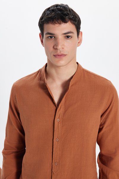 Men's Slim Fit Slim Fit Long Sleeve 100% Cotton Linen Texture Prevailing Collar Tile Color Shirt