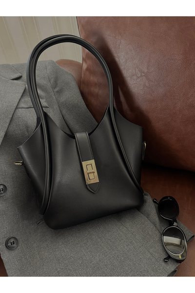 Black Mini Lock Detailed Makeup Bag Long Strap Women's Hand Shoulder and Crossbody Bag