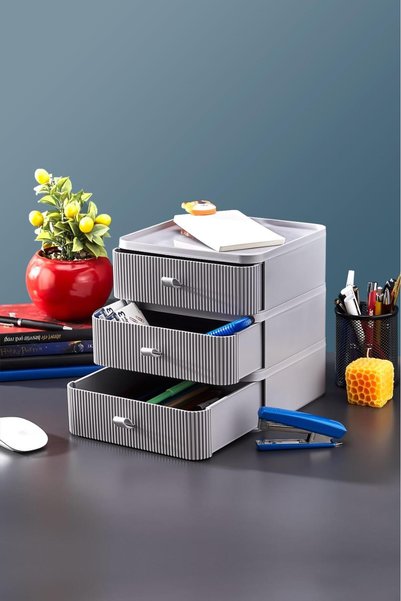 Trio Jewelry, Makeup and Cosmetics 3-Piece Organizer Drawer, Gray
