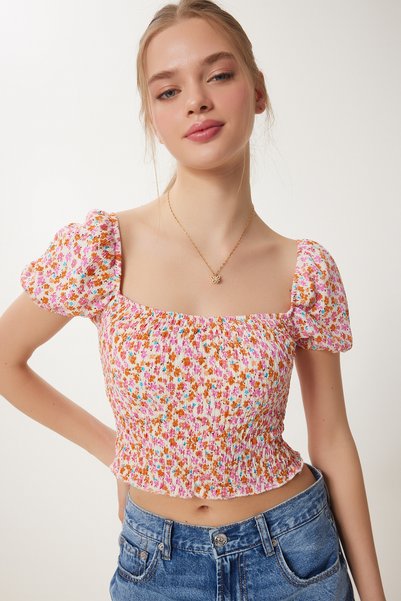 Women's Pink Cream Floral Gathered Carmen Collar Crop Knitted UB00081