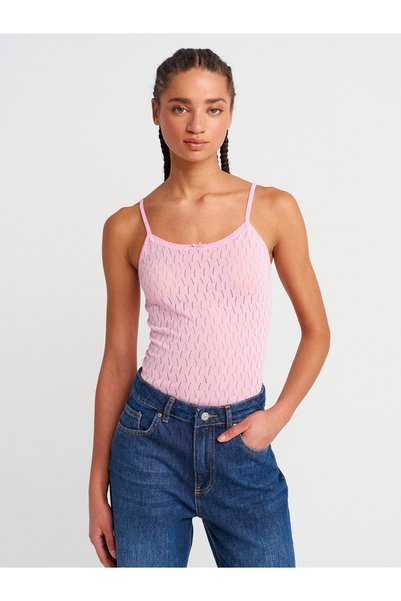 10732 Strappy Openwork Bow Detailed Thin Knitwear Blouse-Pink