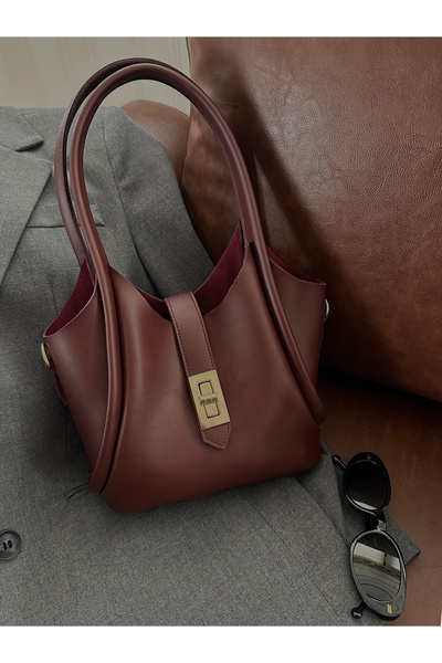 Women's Long Strap Shoulder and Crossbody Bag with Burgundy Mini Lock Detail Makeup Bag