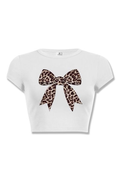 Women's Leopard Ribbon Crop Top White