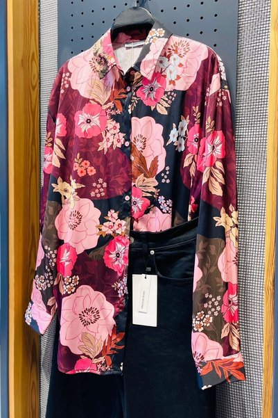 Women's Floral Patterned Oversize Satin Shirt (Take 1 Size Small)