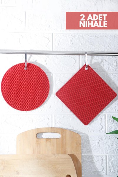 2 Pieces Red Silicone Trivet - Square Round Trivet