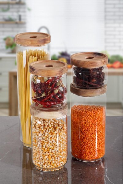 Set of 5 Acacia Vacuum Lid Borosilicate Glass Jars