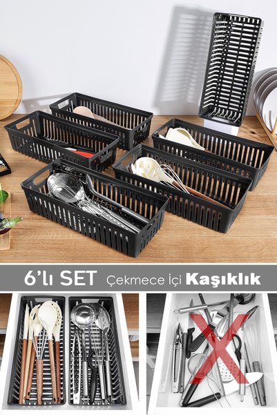 6-Piece Modular Cutlery Set - Kitchen Organizer Drawer Organizer Knife Holder Ladle Black