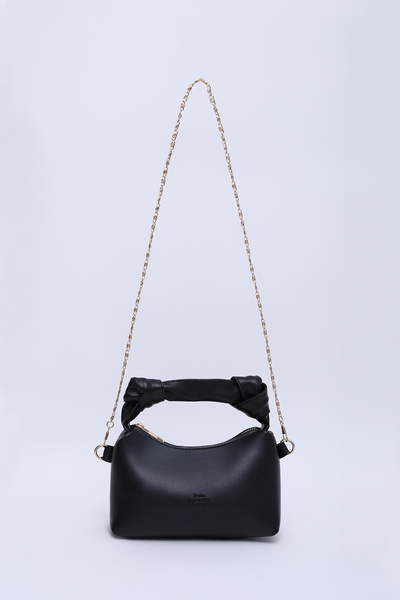 Black Shk24 Original Soft Leather Knot Detailed Chain Strap Hand and Shoulder Bag
