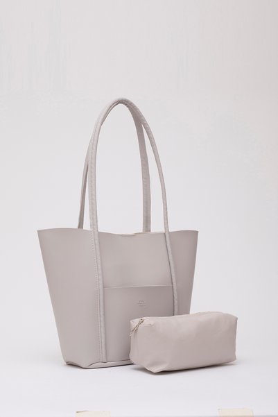 Gray Shk80 Faux Leather Large Size Shoulder Bag with Front Pocket and Snap Fastener Makeup Bag