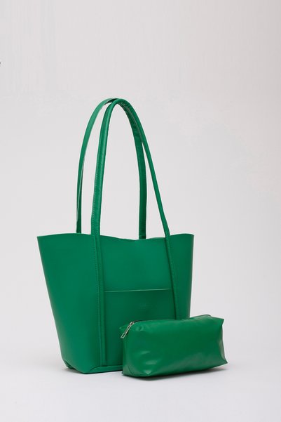 Grass Green Shk80 Faux Leather Large Size Handbag and Shoulder Bag with Front Pocket and Snap Fastener Makeup Bag