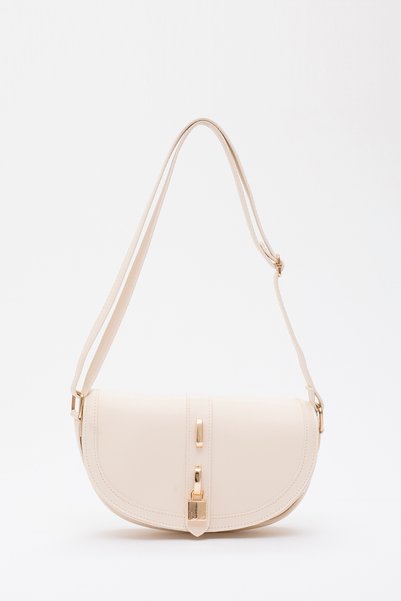 Cream Shk92 Lock Detailed Faux Leather Single Compartment Snap Fastener Hand, Arm and Shoulder Bag