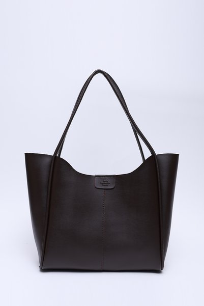 Brown Color Shk76 Large Size Women's Hand and Shoulder Bag with Snap Fasteners, Wick Straps and Faux Leather Makeup Bag