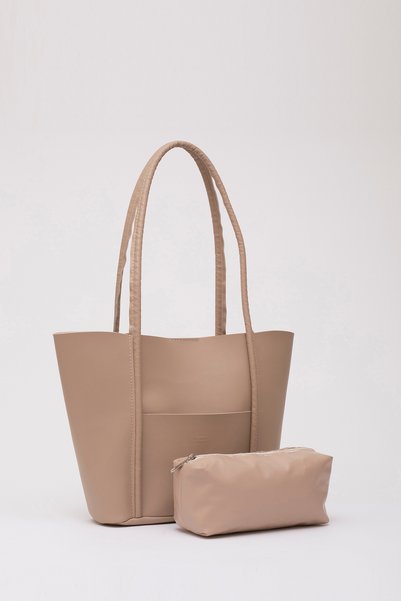 Mink Shk80 Faux Leather Large Size Shoulder Bag with Front Pocket and Snap Fastener Makeup Bag