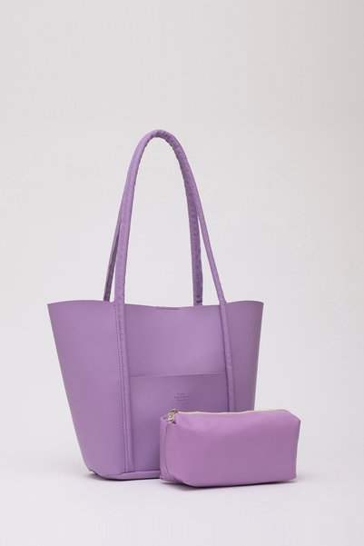 Lilac Shk80 Large Size Hand and Shoulder Bag with Front Pocket and Snap Fastener Makeup Bag in Faux Leather