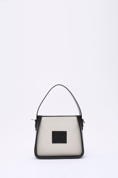 Black Shk176 Faux Leather Detailed, Single Compartment, Zip-Up, Canvas Hand, Arm and Shoulder Bag