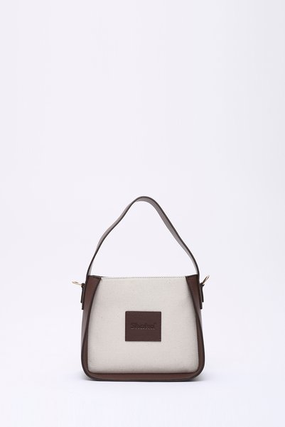 Brown Shk176 Faux Leather Detailed, Single Compartment, Zippered, Canvas Hand, Arm and Shoulder Bag