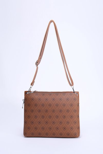 Tan Monogram Printed 3 Compartment Adjustable Strap Faux Leather Arm and Shoulder Bag - Shk121