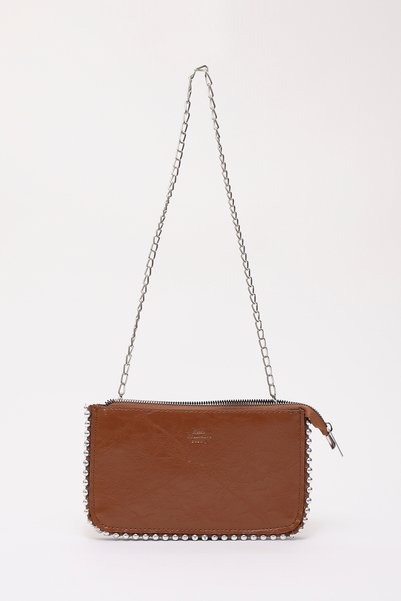 Taba Shk182 Faux Leather 3 Compartment Bead Detailed Zippered Chain Strap Hand, Arm and Shoulder Bag