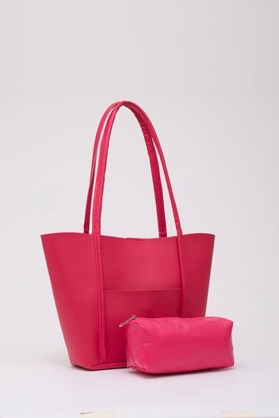 Fuchsia Shk80 Faux Leather Large Size Shoulder Bag with Front Pocket and Snap Fastener Makeup Bag