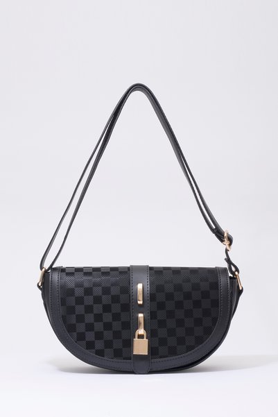 Square Patterned Black Shk92 Lock Detailed Faux Leather Single Compartment Snap Fastener Hand, Arm and Shoulder Bag