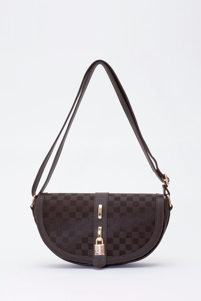 Square Patterned Brown Shk92 Lock Detailed Faux Leather Single Compartment Snap Fastener Hand, Arm and Shoulder Bag