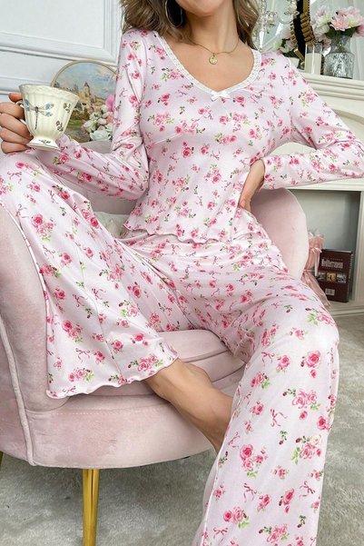 Romantic Cotton Lace Detailed Long Pajamas Set