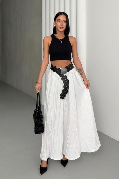 Women's White Crush Effect Long Flared Skirt