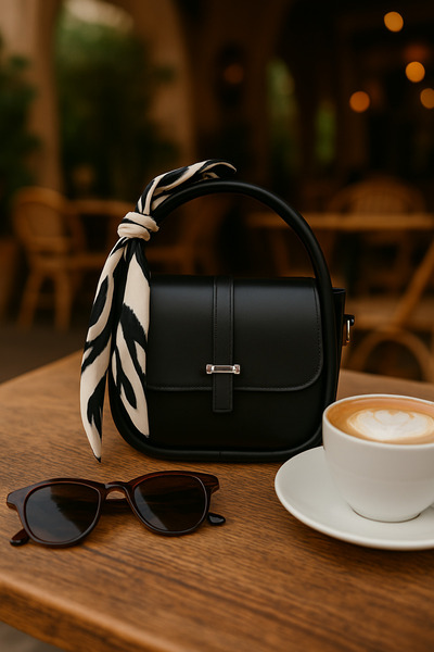 Women's Black Hand, Shoulder and Crossbody Bag with Gold Accessory Details, Adjustable Strap, and Free Scarf Gift (Milan)