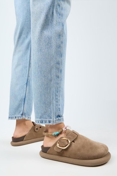 (Asymmetry) Women's Genuine Leather Belt Buckle Sabo Mink Slippers