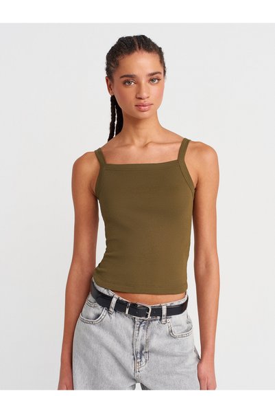 21049 100% Cotton Square Neck Strap Top-Khaki