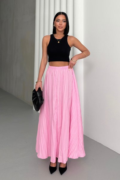 Women's Pink Crush Effect Long Flared Skirt