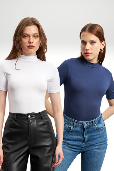 Women's Navy Blue White 2'Li Package Short Sleeve Blouse