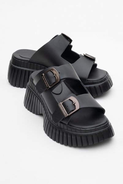 JOANES Black Skin Genuine Leather Double Banded Women's Wedge Sole Slippers