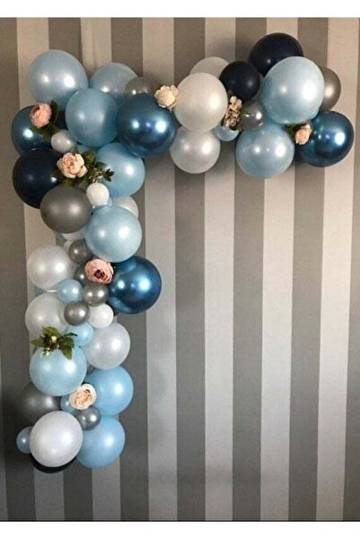 50 метални балони, концепт со сини, бели и сребрени балони (CHROME BLUE), сет со 5 метри лента за балони