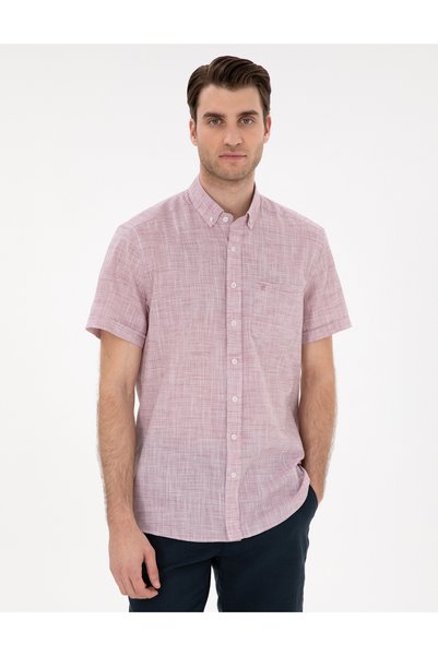 Burgundy Linen Look Regular Fit Short Sleeve Shirt 50306950-Vr014