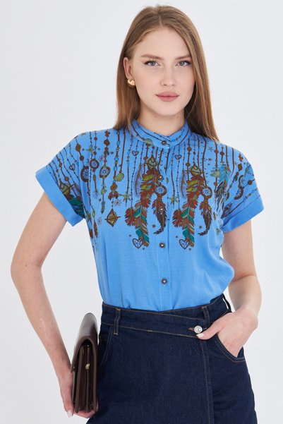 Women's Blue Judge Collar Short Sleeve Shirt Arm-25Y 001040